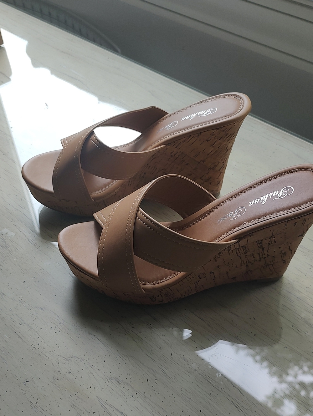 Cork Wedge Slide Sandals in Tan